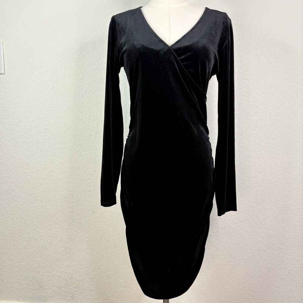 Black Velvet Wrap-Style Bodycon Dress | Long Sleeve | Ruched Waist | Size L